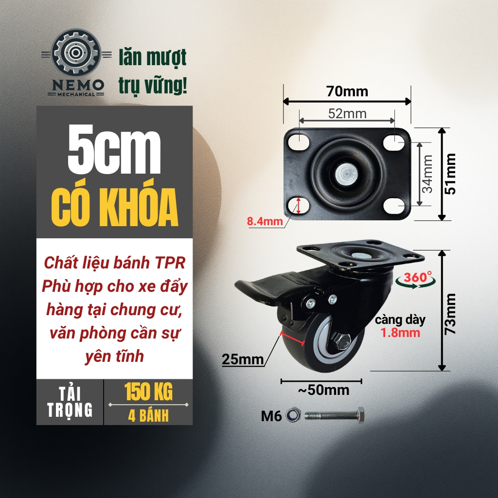 Bánh xe TPR chống ồn, có bạc đạn, tải cao dùng cho xe đẩy di chuyển không gây ồn